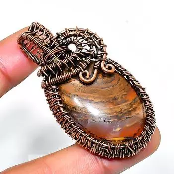 Подвеска из риолитовой яшмы с драгоценным камнем, обмотанная вручную медной проволокой, 2,17 дюйма 2.17 зелёный