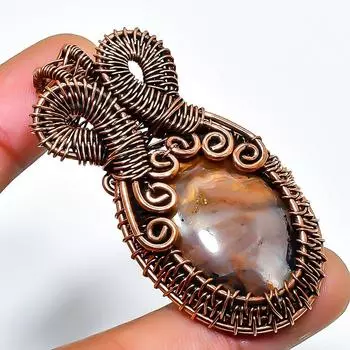 Подвеска из риолитовой яшмы с драгоценным камнем, обмотанная вручную медной проволокой, 2,17 дюйма 2.17 зелёный