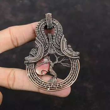 Подвеска из родохрозита «Дерево жизни», обернутая медной проволокой, подвеска из родохрозита, драгоценный камень, подвеска из меди ручной работы, подарок для него