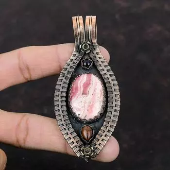 Подвеска из родохрозита, меди, красного дерева, обсидиана и синего солнечного камня, подвеска из медной проволоки, подвеска ручной работы, настоящие драгоценные камни