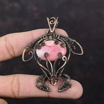 Подвеска из родохрозита, медная проволока, обернутая кулоном с драгоценным камнем, кулон черепахи ручной работы, медная проволока, ювелирные изделия, подарок для него, ювелирные изделия из родохрозита