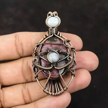 Подвеска из родонита от сглаза, медная проволока, лунный камень, медные украшения, подвеска ручной работы, украшения от сглаза, родонит, кулон в подарок другу