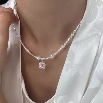 Подвеска из розового циркония, сломанное серебро, жемчужное ожерелье, изысканная женская индивидуальность, модный темперамент, универсальная цепочка на шею, цепочка на ключицу.