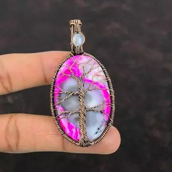 Подвеска из розового дендрита и опала «Дерево жизни», подвеска из медной проволоки, подвеска из радужного лунного камня, драгоценный камень, ювелирные изделия ручной работы, подарочные медные украшения