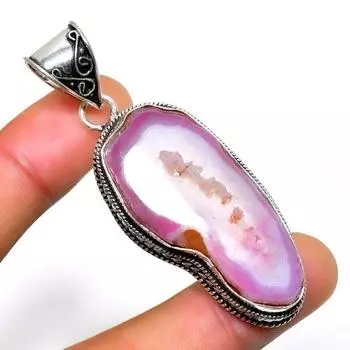 Подвеска из розового друзы с драгоценным камнем, посеребренная 925 пробы, ручная работа, 2,46 дюйма 2.46 розовый