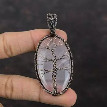 Подвеска из розового кварца «Древо жизни», медная проволока, кулон с драгоценным камнем, ювелирное изделие ручной работы, подарок для нее, медная проволока, ювелирные изделия, целебный камень