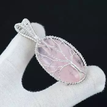 Подвеска из розового кварца, натуральный драгоценный камень, подвеска из стерлингового серебра 925 пробы ручной работы, ювелирные изделия из проволочной обмотки, подвеска из проволочной обмотки, ювелирные изделия Древо жизни 2.16 розовый
