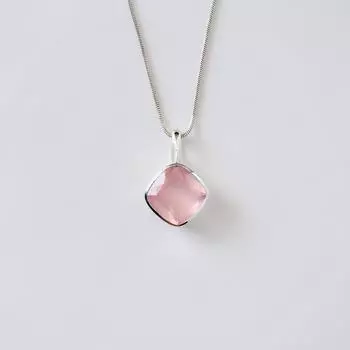 Подвеска из розового кварца, ожерелье с квадратной подушкой, стерлинговое серебро, минималистичный дизайн, кристалл розового кварца с бриллиантами, подарок подружке невесты, подарок для нее 18-22 Inch розовый