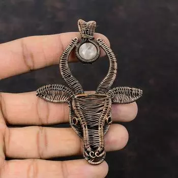 Подвеска из розового кварца, подвеска из медной проволоки, подвеска из настоящего драгоценного камня, ювелирное изделие в виде головы быка, кулон ручной работы, подарок для него, уникальное медное украшение