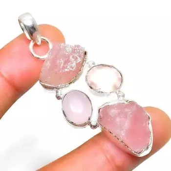 Подвеска из розового кварца с грубым розовым кварцем 925 пробы, посеребренная, 2,08 дюйма 2.08 розовый