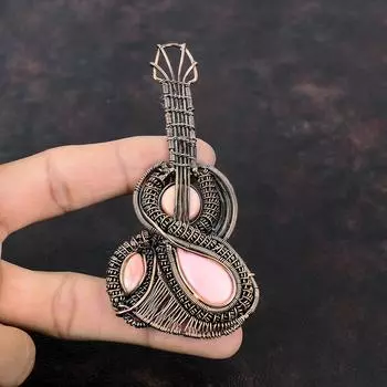 Подвеска из розового опала, подвеска из медной проволоки, подвеска в виде гитары, подвеска из натурального драгоценного камня, антикварная медная бижутерия, подарок для нее, подвеска ручной работы