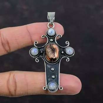 Подвеска из розового золота с титаном и друзами. Подвеска с крестом ручной работы. Подвеска из стерлингового серебра 925 пробы. Подвеска из лунного камня и драгоценного камня. Специальный рождественский подарок.