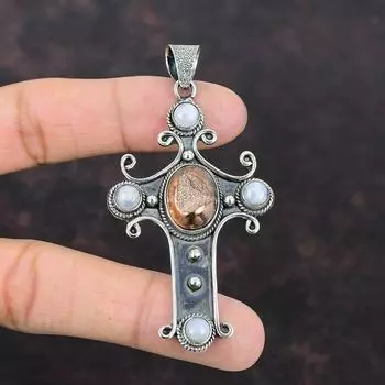 Подвеска из розового золота, титана, друз, ювелирные изделия ручной работы, подвеска-крест, подвеска из стерлингового серебра 925 пробы, подвеска из радужного лунного камня, драгоценный камень, подарок для нее
