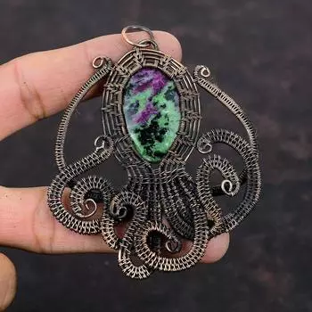 Подвеска из рубина и цоизита, подвеска из медной проволоки, ювелирное изделие в виде осьминога, подвеска из драгоценного камня, медное украшение ручной работы, подарок для него, ювелирное изделие в виде проволоки