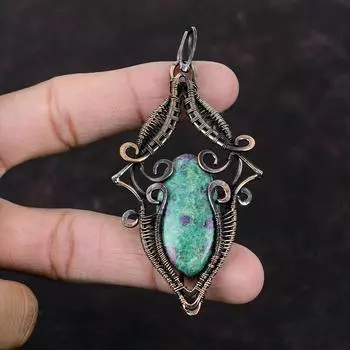 Подвеска из рубина и фуксита, подвеска из медной проволоки, подвеска из драгоценного камня, медные украшения, подарок для нее, этнический кулон, ювелирные изделия ручной работы из проволоки