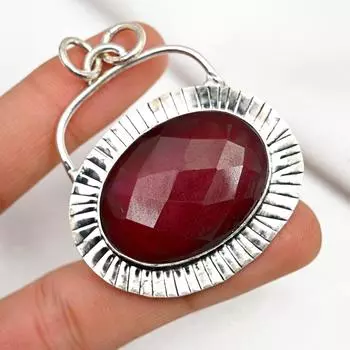 Подвеска из рубина, выращенного в лаборатории, драгоценный камень, кулон из стерлингового серебра 925 пробы, ювелирное изделие ручной работы, кулон с камнем по дате рождения, подарок для него 2.13 Inches красный