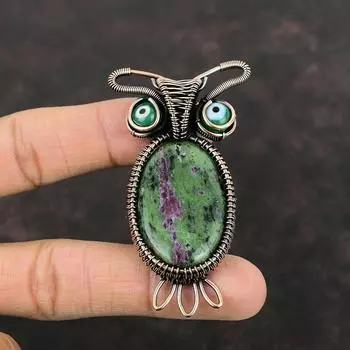 Подвеска из рубиновой меди и цоизита, зеленая подвеска от сглаза, подвеска из драгоценного камня в виде проволоки, ручная работа, медные украшения, подарок для матери, подвески в виде совы