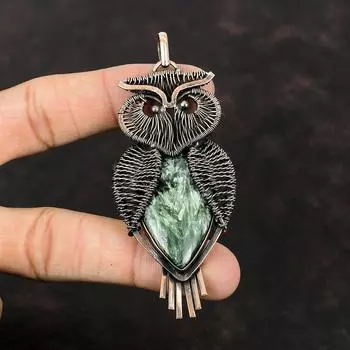 Подвеска из серафинита, медная проволочная обертка, серафинит, драгоценный камень, ювелирные изделия, подвеска ручной работы в стиле бохо, медные украшения, кулон в виде совы, подарок для женщин