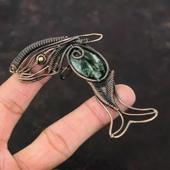 Подвеска из серафинита, медная проволока, обернутая подвеской из драгоценных камней, ювелирные изделия в виде рыб, подвеска ручной работы для женщин, кулон в подарок для нее, ювелирные изделия из серафинита и меди