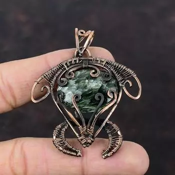Подвеска из серафинита, обернутая медной проволокой, ювелирное изделие из драгоценного камня серафинита, кулон с черепаховым дизайном, медное украшение ручной работы, подарок на помолвку