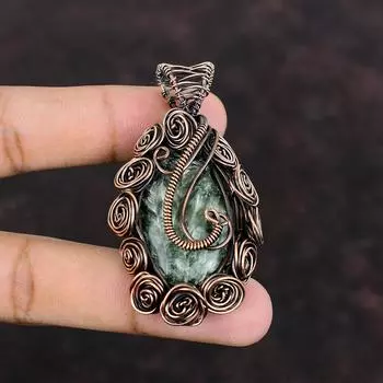 Подвеска из серафинита, подвеска из медной проволоки, ювелирное изделие из драгоценных камней, уникальная подвеска ручной работы, ювелирное изделие из медной проволоки, свадебный подарок, подвеска из камня по рождению