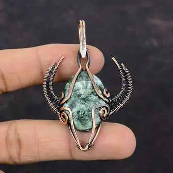 Подвеска из серафинита, подвеска из медной проволоки с драгоценным камнем, ручная работа, медные украшения, подарок для него, украшения в форме головы быка с проволочной оберткой