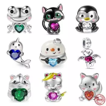 Подвеска из серебра 925 пробы, подходит для оригинального браслета, новое блестящее сердце любви, циркон, милый пингвин, кошка, лягушка, бусины, сделай сам, женские ювелирные изделия, подарок