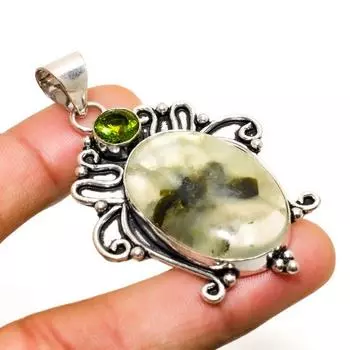 Подвеска из серебра 925 пробы с драгоценными камнями пренитом и перидотом, 2,46 дюйма 2.46 зелёный