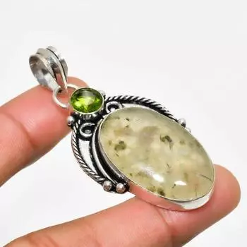 Подвеска из серебра 925 пробы с драгоценными камнями пренитом и перидотом, 2,08 дюйма 2.08 зелёный