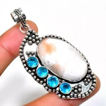 Подвеска из серебра 925 пробы с голубым топазом и драгоценным камнем сколецитом 2,46 дюйма 2.46 белый