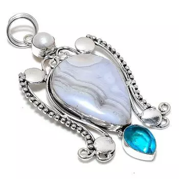 Подвеска из серебра 925 пробы с голубым кружевным агатом и голубым топазом 3,43 дюйма e9z54