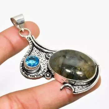 Подвеска из серебра 925 пробы с лабрадоритом и голубым топазом 2,46 дюйма 2.46 чёрный