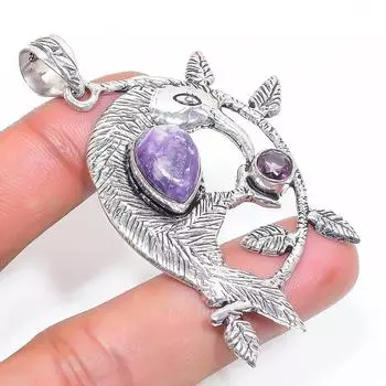 Подвеска из серебра 925 пробы с натуральным лепидолитом и аметистом 2,56 дюйма s7t51