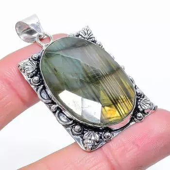 Подвеска из серебра 925 пробы с натуральным лабрадоритом ручной работы 2,09 дюйма Q2e13
