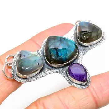 Подвеска из серебра 925 пробы с натуральным лабрадоритом и аметистом 1,85 дюйма Q6G18