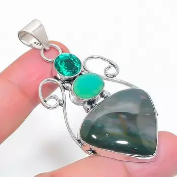 Подвеска из серебра 925 пробы с натуральным кровавиком и диопсидом 2,56 дюйма n7i38