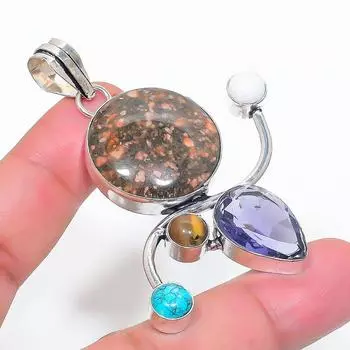 Подвеска из серебра 925 пробы с натуральным унакитом и аметистом 2,56 дюйма o7k44