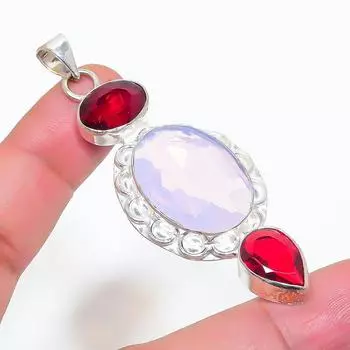 Подвеска из серебра 925 пробы с натуральным молочным опалом и гранатом 2,76 дюйма O9F41