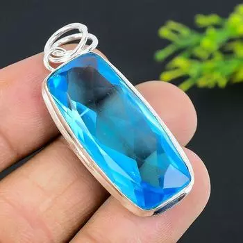 Подвеска из серебра 925 пробы с натуральным голубым топазом ручной работы 2,01 дюйма K9M92