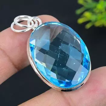 Подвеска из серебра 925 пробы с натуральным голубым топазом ручной работы 1,89 дюйма Q2P18