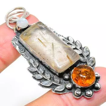 Подвеска из серебра 925 пробы с натуральным золотым рутилом и янтарем 2,56 дюйма W9S11