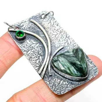 Подвеска из серебра 925 пробы с натуральным серафинитом и диопсидом 2,52 дюйма f3u03