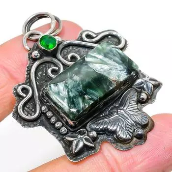 Подвеска из серебра 925 пробы с натуральным серафинитом и диопсидом 2,29 дюйма U3o03