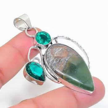Подвеска из серебра 925 пробы с натуральным нефритом и диопсидом 2,48 дюйма i2k77