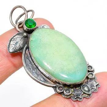 Подвеска из серебра 925 пробы с натуральным хризопразом и диопсидом 2,32 дюйма q8s63