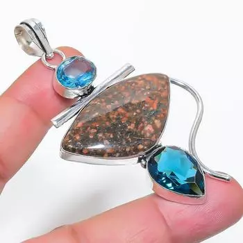 Подвеска из серебра 925 пробы с натуральным океаническим яшмой и топазом 2,96 дюйма E3S01