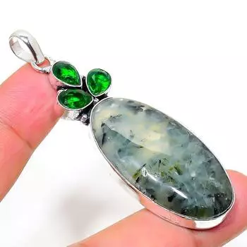 Подвеска из серебра 925 пробы с натуральным пренитом и диопсидом 2,72 дюйма e3j20