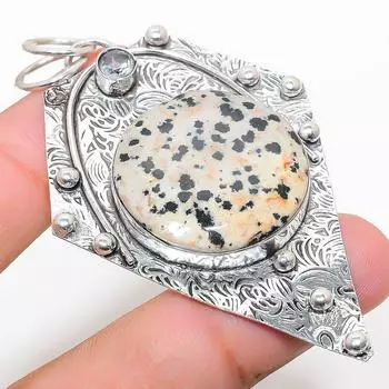 Подвеска из серебра 925 пробы с натуральным далматинским яшмом и белым топазом 2,88 дюйма z9U89