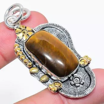 Подвеска из серебра 925 пробы с натуральным двухцветным тигровым глазом 2,36 дюйма N9a41