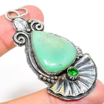 Подвеска из серебра 925 пробы с натуральным хризопразом и диопсидом 2,88 дюйма I4p73